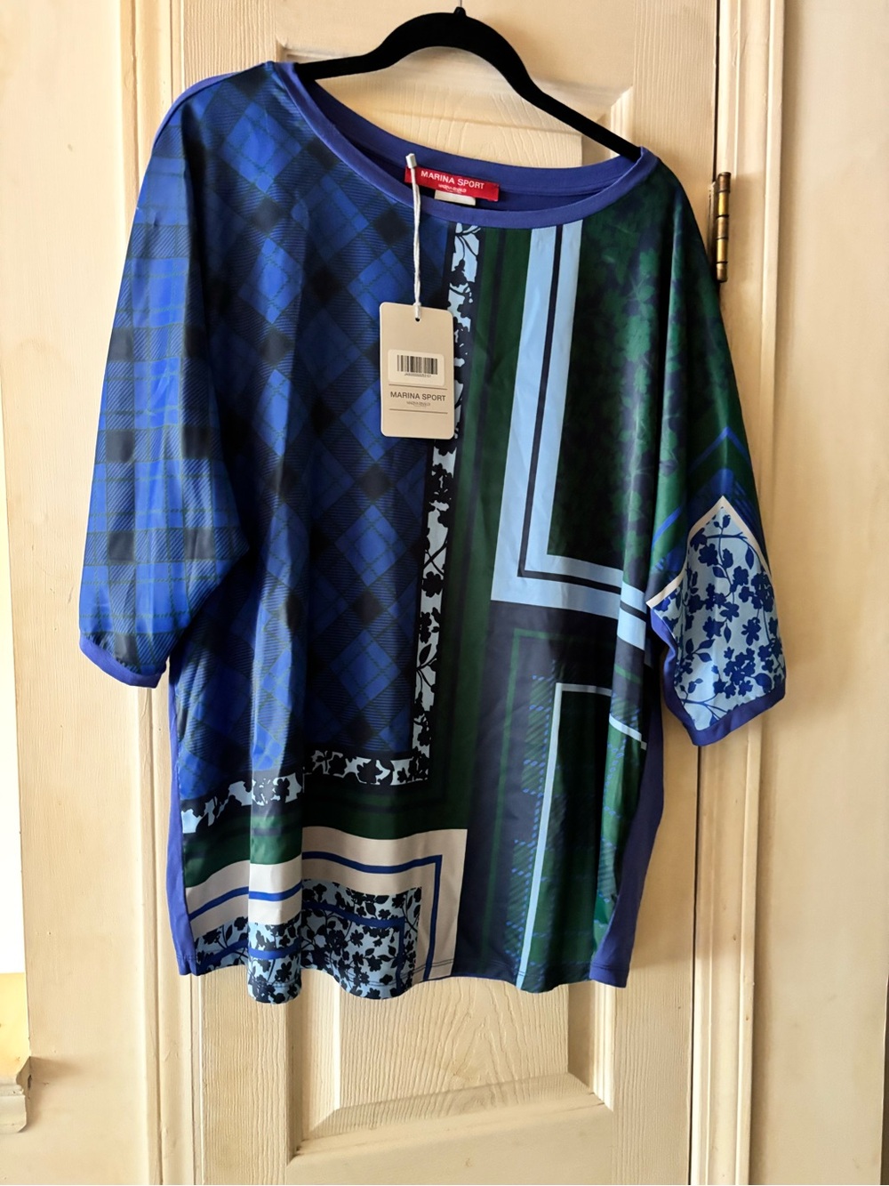Marina Rinaldi Blue and Green Pattern Mix Short Sleeve Top